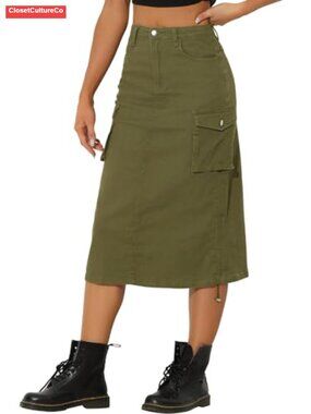 Women's Cargo Denim Midi Skirt High Waisted A-Line Utility Jean Skirt